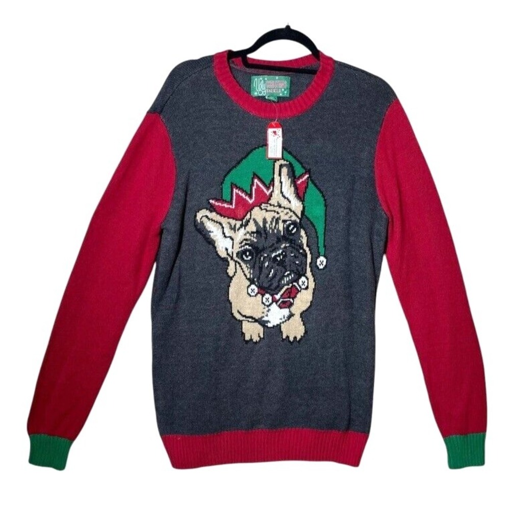 Ugly Christmas Sweater Men Sz Large French Bull Dog Pullover Knit Unisex Elf Hat